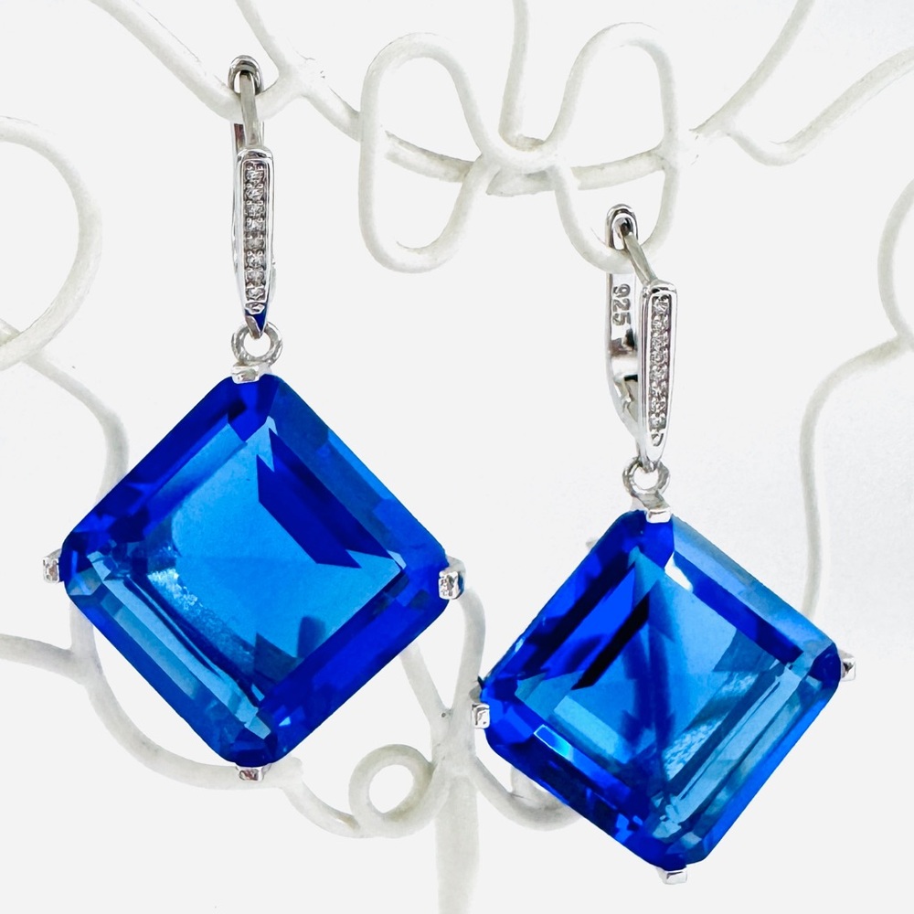 Square Cut Crystal Earrings Cobalt Blue 925 Silver Rhinestones Leverback